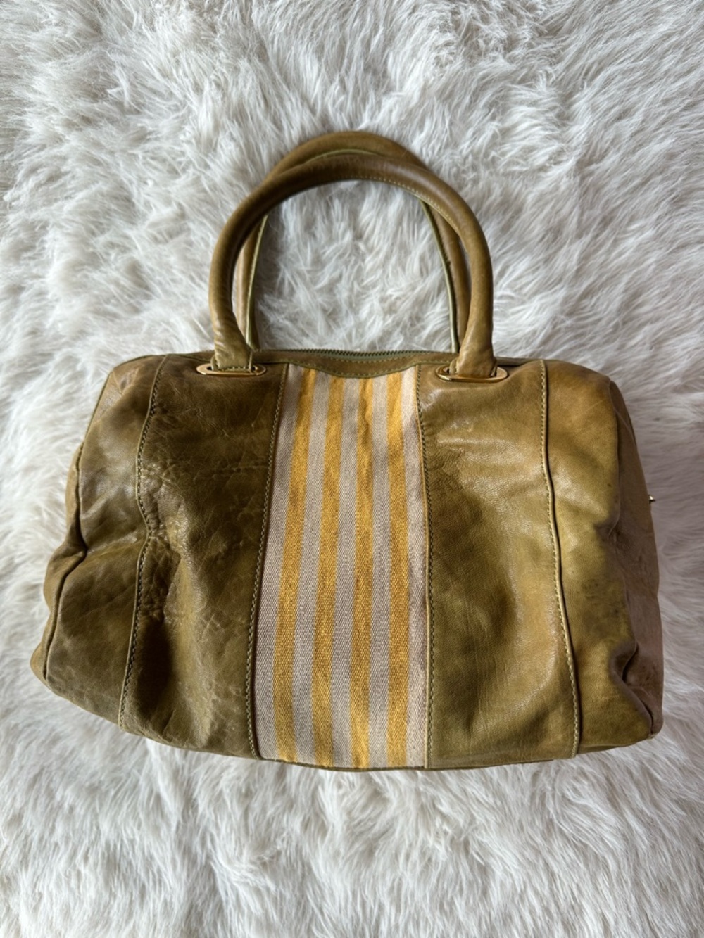 Tory Burch Matilda green tea .. Yellow Striped Leather Satchel bag - Picture 2 of 10